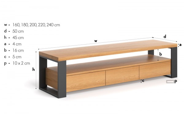 Fernsehnschrank massive Buche Horizon 220 x 50 x 45cm - Maße