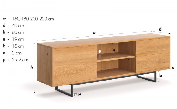 Fernsehschrank aus Kernbuche 180x40x60cm - Industrial Design Massivholz - Maße