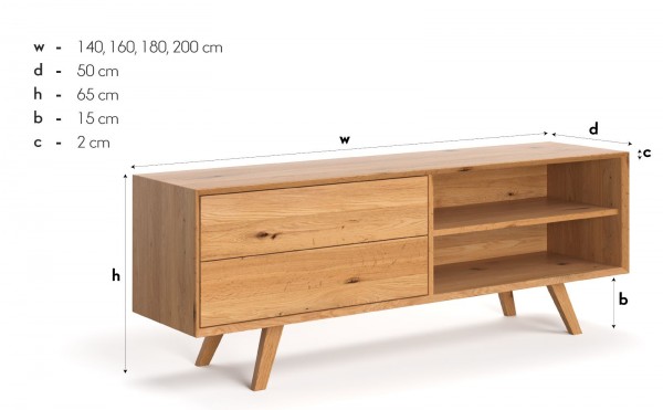 Fernsehschrank Kernbuche massiv 160x50x65 cm - Maße