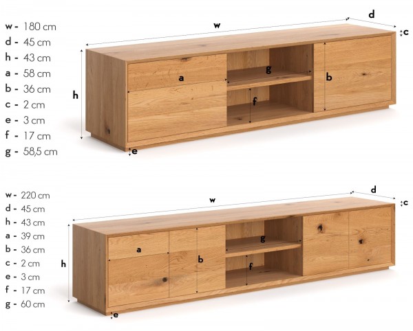 Lowboard / TV- Board Wildeiche massiv 180 x 45 x 43 cm - Maße