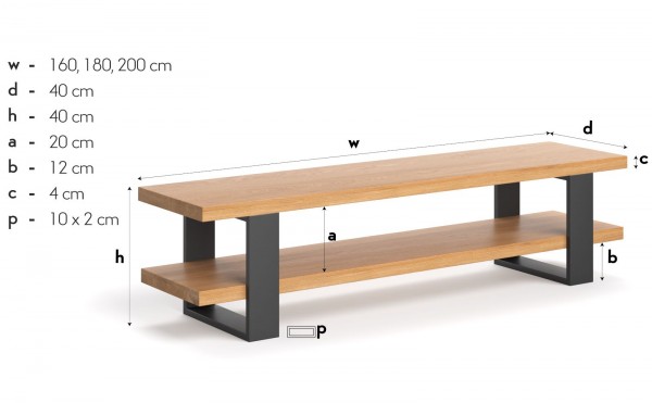 schlichter TV - Board Wildeiche massiv 200x40x40 cm - Maße